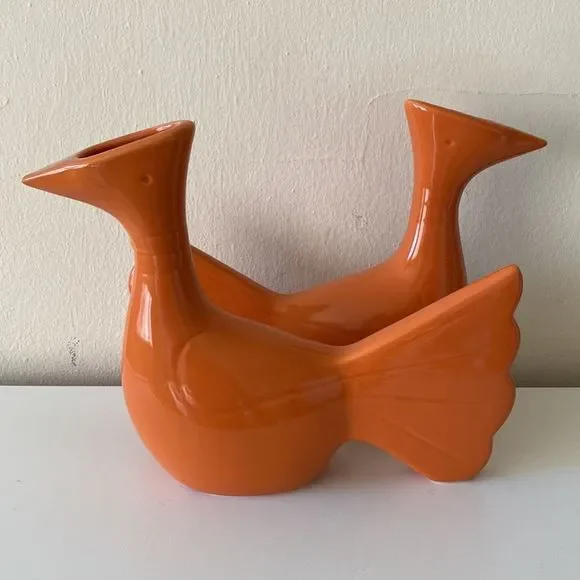 Set Of 2 Global Views Orange Mod Art Deco Bird Vases - Picture 2 of 11